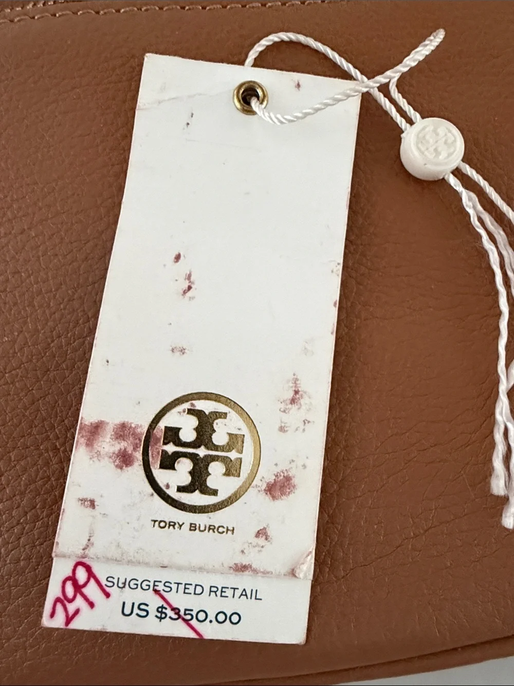Tory Burch Amanda Logo Clutch in Royal Tan with Gold and Tan Logo on the front
